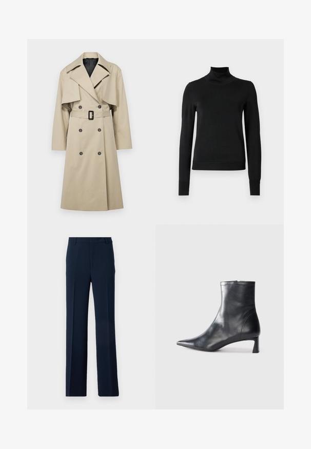 Beżowy trencz o podwójnym zapięciu, dużym kołnierzu, z paskiem w talii oraz detalami w postaci klapek na ramionach. Materiał wydaje się gładki.; Czarny sweter z długim rękawem i stojącym kołnierzem, z prążkowanymi mankietami i dołem, zaprezentowany na białym tle.; Granatowe spodnie z gładkiego materiału, o prostym kroju nogawki, z dwoma zakładkami z przodu i kieszeniami bocznymi, zapewniające elegancki wygląd.; Czarne skórzane botki sięgające kostki z ostrym noskiem i eleganckim designem. Posiadają niski obcas oraz zamek błyskawiczny z tyłu. Gładka faktura.