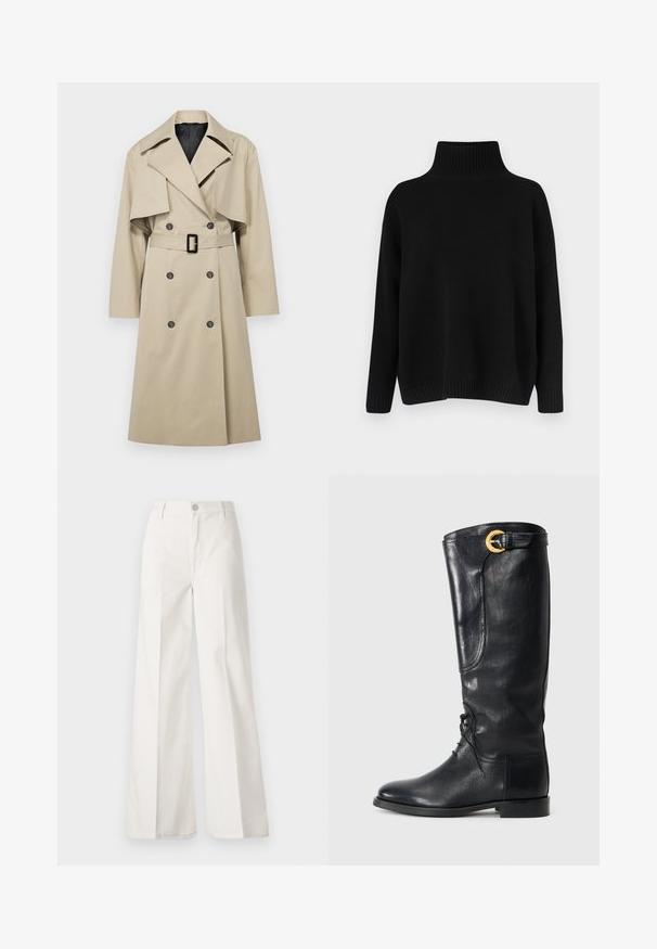Beige trenchcoat met een dubbel borst ontwerp, grote kraag, ceintuurlijn in de taille en klepdetails op de schouders. Stof lijkt glad te zijn.; Zwarte gebreide trui met een hoge, geribbelde kraag, verlaagde schouders en een ontspannen pasvorm. Voorzien van geribbelde manchetten en zoom voor textuur.; Witte wijde-broek gemaakt van katoen met een gladde textuur. Voorzien van een knoop aan de voorkant, ritsopening en vierzakkenontwerp.; Zwarte leren kniehoge laars met een ronde neus, vetersluiting aan de voorkant, zijdetail en een gouden accent gesp aan de bovenkant. Eersteklas afwerking.