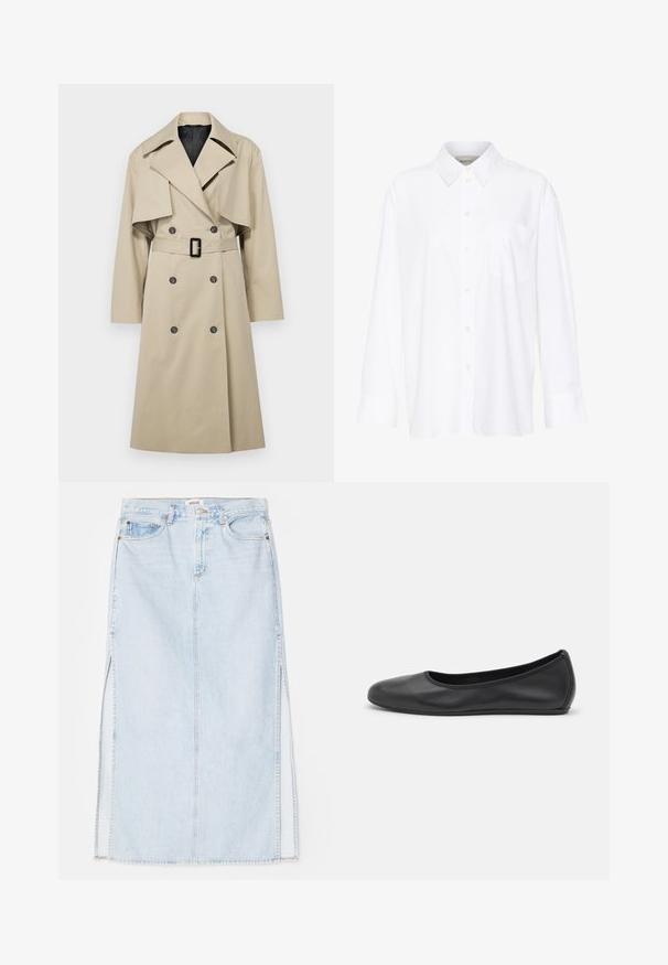 Bežinis tranšėjos paltas su dvigubu uždarymu, dideliu apykakle, diržu liemeniui ir kišenėmis ant pečių. Audinys atrodo lygus.; Balta ilgomis rankovėmis marškiniai su apykakle, pagaminti iš medvilnės. Su mygtukų užsegimu priekyje ir viena krūtinės kišenė. Lygus paviršius, laisvas siluetas.; Šviesiai mėlynas džinsinis maksi sijonas su tiesiu kirpimu, su šoninėmis išpjovomis ir penkių kišenių dizainu. Išryškintas siuvinėjimas ir metalinė sagtis.; Juodai odiniai baletai su apvaliu pirštu, lygi texture, minimalus siuvimo detales ir lanksčiu padų dizainu.