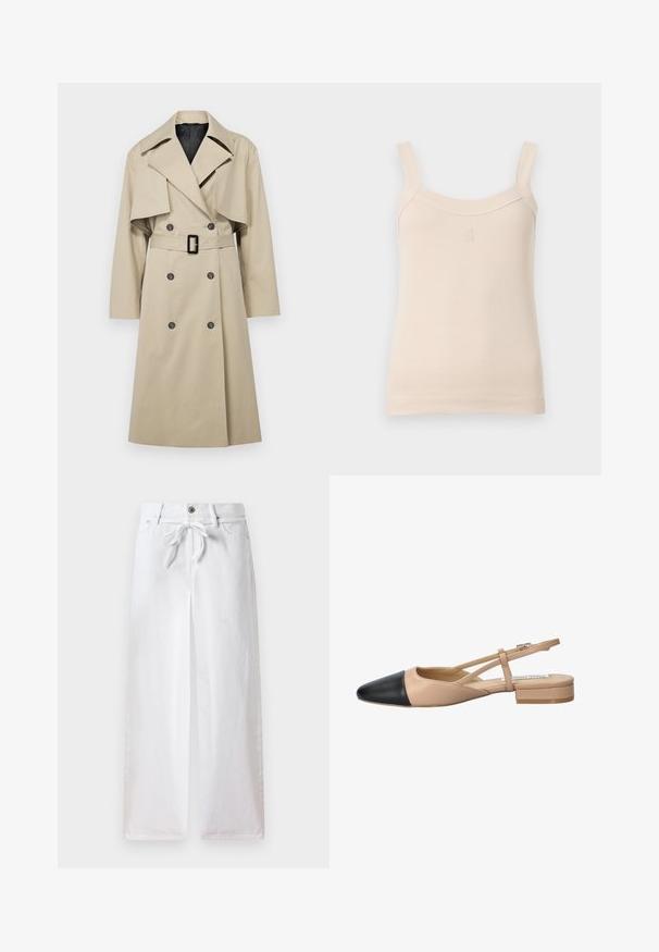 Béžový trenčkot s dvojradovým zapínaním, veľkým golierom, opaskom v páse a klapkovými detailmi na pleciach. Tkanina vyzerá hladko.; Béžový rebrovaný top s tenkými ramienkami a zaobleným výstrihom. Na prednej strane sa nachádza vyšité logo. Hladká textúra, priliehavý strih.; Biele široké nohavice vyrobené z bavlny. Obsahujú šnúrku na sťahovanie v páse a zapínanie na gombík. Hladká textúra s minimalistickým dizajnom.; Bežovo-čierne dvojfarebné slingback topánky s špicatou špičkou, plochým podpätkom a prekríženými detailmi remienkov. Hladká kožená textúra.