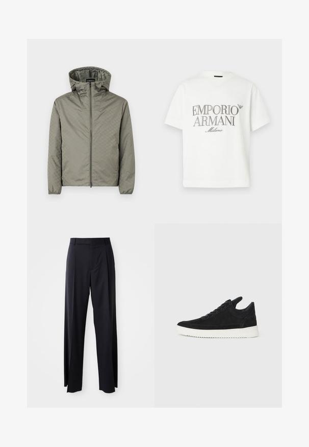 Lengvas, alyvuogių žalios spalvos striukė su kapišonu, užtrauktuku priekyje, sukvietimu, subtiliu logotipo raštu, elastingais rankovės galais ir priglundančiu kapišonu.; Balta medvilninė marškinėliai su dideliu pilku "Emporio Armani Milano" logotipu priekyje ir mažu logotipu viršutinėje kairėje pusėje.; Juodi, aukštai užtraukiami kelnių modeliai su plačiomis kojomis, pagaminti iš lygaus audinio. Yra priekiniai raukšlės ir diržo kilpos. Minimalistinio dizaino, be matomų detalių.; Juodų suede sportbačių su balta gumine padu, su toniniais siuvinėjimais ir raištelių užsegimu. Sklandus paviršius su šiuolaikine, laiko forma.
