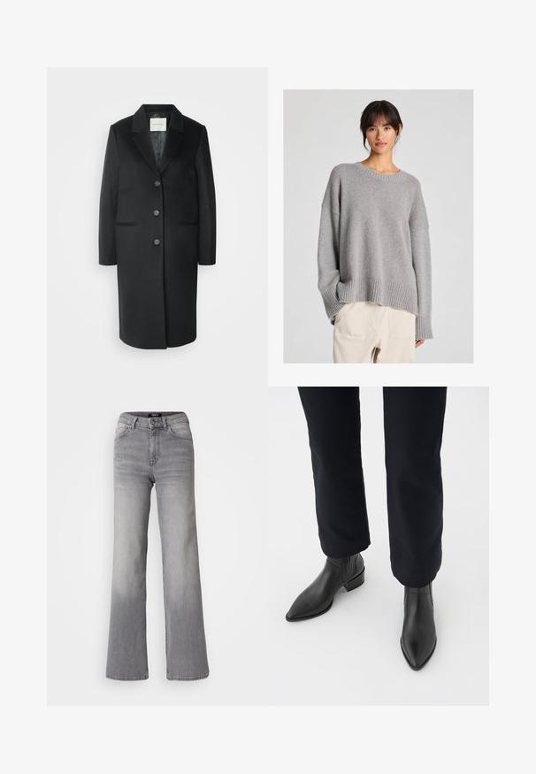 GANT TAILORED - Palton clasic - black; Pulover gri tricotat, cu o croială lejeră, decolteu rotund, manșete și tiv ribbat. Textură moale cu un model de tricotare subtil. Asortat cu pantaloni deschiși.; Jeans din denim gri, cu talie înaltă și croială dreaptă, cu fermoar și nasture frontal, buzunare frontale și spate, și nuanțe estompate pe coapse și gambe.; Bocanci din piele neagră, până la gleznă, cu vârf ascuțit, toc pătrat și panouri laterale texturate, purtați cu pantaloni închiși la culoare, pe un fundal alb.