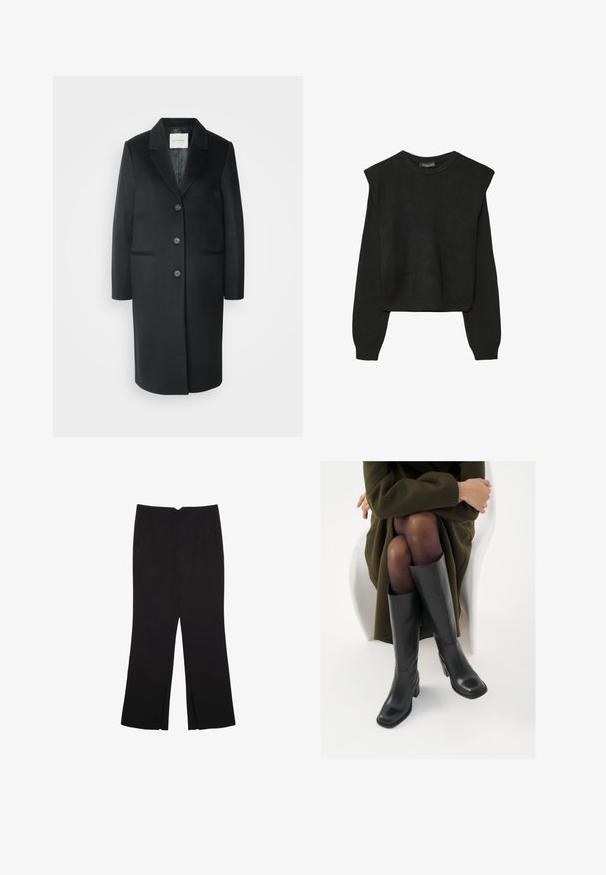 GANT TAILORED - Klasický kabát - black; Čierny pletený sveter s dlhými rukávmi, vycpanými ramenami a rebrovanými nápletmi a spodným okrajom, zobrazený na bielom pozadí.; Čierne nohavice so strihom rovného strihu, s prednými vreckami a bočnými rozparkami na leme. Vyrobené z mäkkej, hladkej tkaniny. Vhodné na rôzne príležitosti.; Čierne kožené čižmy po kolená so štvrtým prstom a blokovým opätkom, zobrazené s modelom sediacim v olivovo zelenej bunde. Hladká textúra, minimálne detaily.