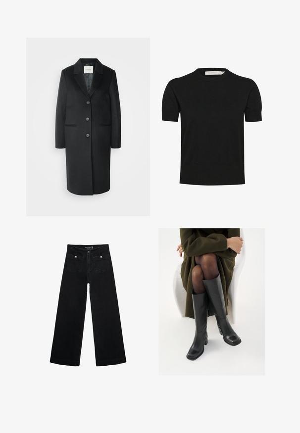 GANT TAILORED - Klasický kabát - black; Černý krátký rukáv svetr s kulatým výstřihem vyrobený z měkké tkaniny, s rovnou siluetou, hladkou strukturou a minimalistickým designem bez viditelných ozdob.; Černé široké džíny s vysokým pasem, obsahující dvě přední kapsy a kovové knoflíkové detaily. Látka má hladkou texturu.; Černé kožené boty po kolena s hranatou špičkou a blokovým podpatkem, předvedené na modelce sedící v olivově zeleném kabátu. Hladký povrch, minimalizované detaily.