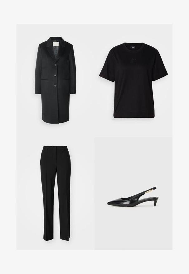 GANT TAILORED - Klassikaline mantel - black; Mustmust särk, millel on ümar kaelus, lühikesed varrukad ja tindiga tikitud logo rinnal. Lihtne, mugav lõige ilma mustriteta.; Mustad ja sirged püksid, millel on sile tekstuur ja teravad voldid esiosas. Ilma nähtavate detailideta.; Mustad nahast slingback kontsad terava ninaga, millel on õhuke konts ja kuldse tooni aktsent reguleeritaval rihmal. Sile tekstuur.