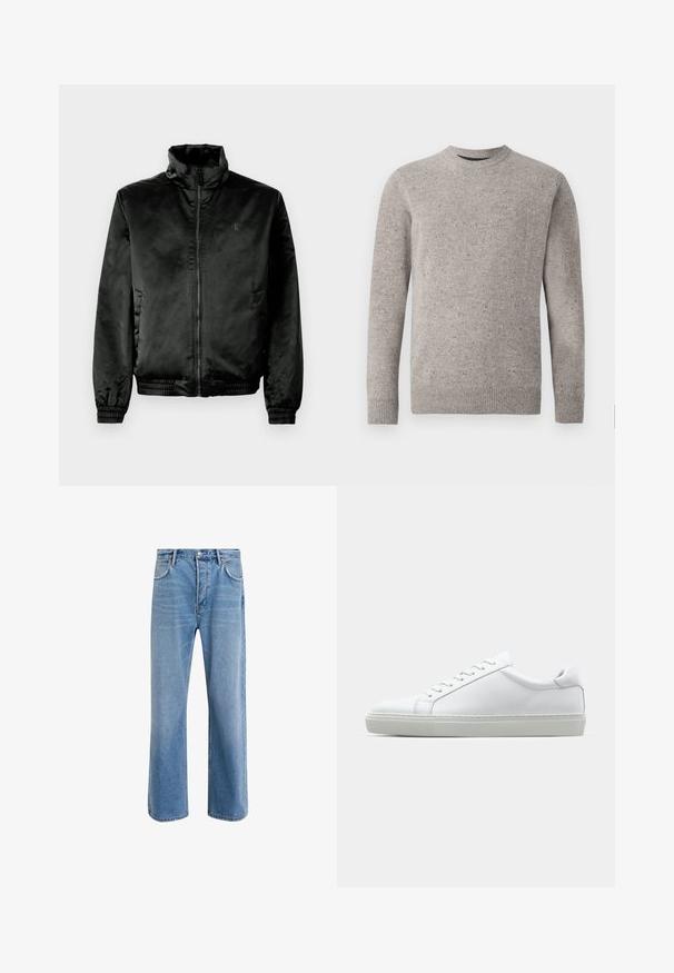 Czarna kurtka bombowca wykonana z gładkiego, błyszczącego materiału, z wysokim kołnierzem, zamkiem z przodu oraz elastycznymi mankietami i dolnym wykończeniem. Minimalne logo na piersi.; Jasnoszary sweter dziany z okrągłym dekoltem, długimi rękawami i prążkowanymi mankietami oraz dołem. Teksturowany wzór z kolorowymi plamkami.; Jasnoniebieskie dżinsy o prostym kroju, pięć kieszeni, zapięcie na guzik, minimalne blaknięcia i kontrastowe wykończenia szwów.; Białe sneakersy z gładką skórzaną cholewką i niskim profilem. Posiadają okrągły nos, sześć dziurek na sznurówki oraz teksturowaną gumową podeszwę.