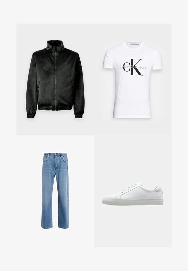 Czarna kurtka bombowca wykonana z gładkiego, błyszczącego materiału, z wysokim kołnierzem, zamkiem z przodu oraz elastycznymi mankietami i dolnym wykończeniem. Minimalne logo na piersi.; Biała bawełniana koszulka z krótkim rękawem z czarnym logo "CK" oraz napisem "Calvin Klein Jeans", z klasycznym okrągłym dekoltem.; Jasnoniebieskie dżinsy o prostym kroju, pięć kieszeni, zapięcie na guzik, minimalne blaknięcia i kontrastowe wykończenia szwów.; Białe sneakersy z gładką skórzaną cholewką i niskim profilem. Posiadają okrągły nos, sześć dziurek na sznurówki oraz teksturowaną gumową podeszwę.