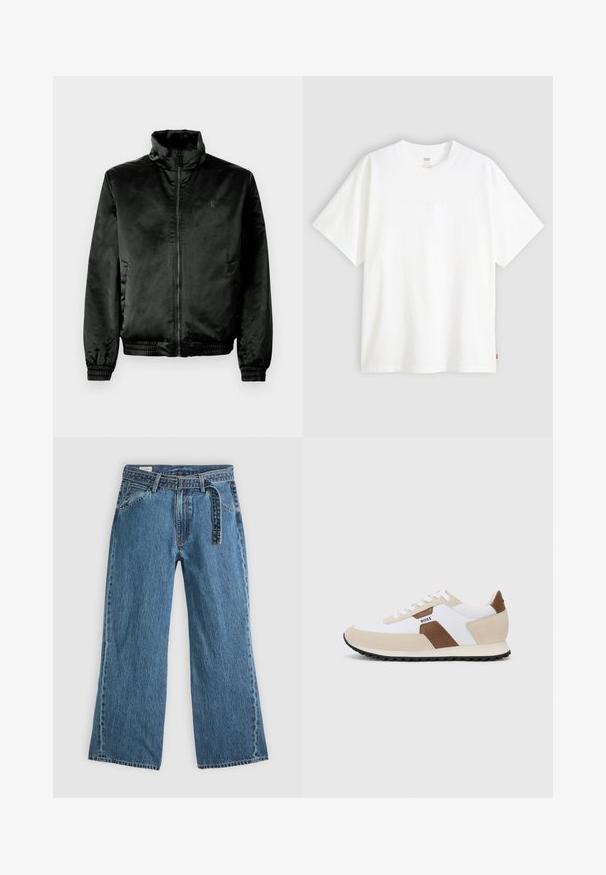 Fekete bomber dzseki sima, fényes anyagból, magas gallérral, cipzáras elülső résszel, valamint elasztikus mandzsettákkal és szegéllyel. Minimális márkázás a mellkason.; Fehér, rövid ujjú pamut póló, kerek nyakkivágással. Az elülső részen finom, domború logós részlet található, valamint egy piros cimke az alsó szegélyen.; Kék farmer széles szárú nadrág, hozzáépített övvel, elülső zsebekkel és látható varrással, sima világos háttéren.; Fehér hálós anyag és bézs velúr keverékével készült sportcipők, barna bőr díszítéssel. Lekerekített orr, lapos gumitalp és fűzős kivitel.