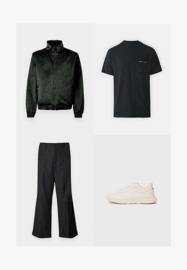 Čierna bomber bunda vyrobená z hladkej, lesklej látky s vysokým golierom, zipsom vpredu a elastickými manžetami a spodným lemom. Minimálne logo na hrudi.; Čierne bavlnené tričko s klasickým okrúhlym výstrihom, krátkymi rukávmi a dvoma malými bielymi logami "SAMSØE" na ľavej strane hrudníka.; Čierne nohavice s širokými nohavicami a gombíkovým pásom, s manžetami na koncoch, vystavené na jednoduchom bielom pozadí.; Biele tenisky vyrobené z texturovaného materiálu, s hladkou podrážkou, šnurovaním vpredu a decentným logom na päte. Minimalistický dizajn.