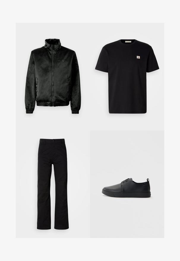 Črna bombaška jakna iz gladkega, sijočega materiala z visokim ovratnikom, zadrgo spredaj ter elastičnimi manšetami in robom. Minimalno blagovno znamčenje na prsih.; Črna bombažna majica s kratkimi rokavi, okroglim izrezom in majhnim vezenim logotipom na levem prsnem delu. Gladka tekstura, običajen kroj.; Črne bombažne hlače z ravnim krojem, ki imajo gumbasto zapiranje in zanke za pas. Gladka tekstura in minimalističen slog brez vidnih vzorcev.; Črne usnjene športne čevlje z gladko površino, okroglo oblikovano nosilo, toniranim šivanjem, vezanjem spredaj in ravnim gumijastim podplatom. Zanko na peti.
