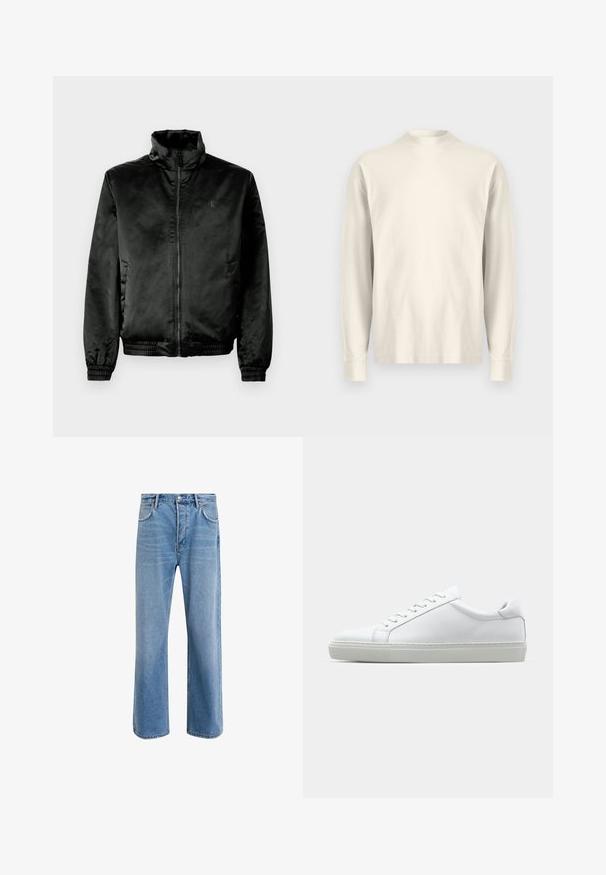 Black bomber jacket made of smooth, shiny fabric with a high collar, zip front, and elasticized cuffs and hem. Minimal branding on chest.; Long-sleeve, mock-neck shirt in light cream cotton. Smooth texture, relaxed fit, minimalist design, no visible patterns or accents.; Light blue denim jeans with a straight-leg design, five pockets, button closure, minimal fading, and contrasting stitching details.; White sneaker with a smooth leather upper and a low profile. Features a rounded toe, six eyelets, and a textured rubber sole.