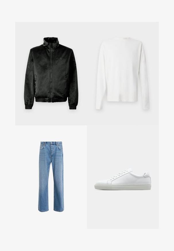 Chaqueta bomber negra hecha de un tejido suave y brillante, con cuello alto, cierre de cremallera frontal y puños y dobladillo elásticos. Branding mínimo en el pecho.; Camisa de algodón blanca de manga larga con cuello redondo, aberturas laterales en la parte inferior y una textura suave, exhibida desde la parte de atrás.; Jeans de mezclilla azul claro con un diseño de pierna recta, cinco bolsillos, cierre de botón, ligeramente desgastados y detalles de costura en contraste.; Zapatilla blanca con parte superior de cuero liso y perfil bajo. Presenta una puntera redondeada, seis ojales y una suela de goma texturizada.