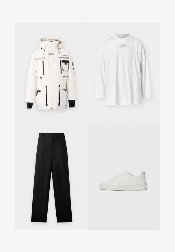 Balta pūkuota striukė su keliais juodais užtrauktukų kišenėmis, reguliuojama kapuce ir pilkais atspindinčiais akcentais. Savybė yra juodas apvadas ir elastingi rankogaliai.; Feng Chen Wang DECONSTRUCTION UNISEX - Ilgarankovis viršutinės dalies drabužis - white; Juodos medvilnės kelnės su tiesiu kirpimu, turi priekinį mygtuko užsegimą ir šonines kišenes. Lygus paviršius, be raštų.; Balti odiniai sportiniai bateliai su lygia apdaila, apvaliu pirštu, plokščiais raišteliais ir tekstūruotu padu. Pasižymi subtiliu logotipu ant kulno.