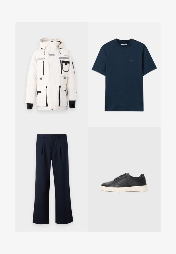 Balta pūkuota striukė su keliais juodais užtrauktukų kišenėmis, reguliuojama kapuce ir pilkais atspindinčiais akcentais. Savybė yra juodas apvadas ir elastingi rankogaliai.; Tamsiai mėlynas medvilninis marškinėlis su apvalia iškirpte, trumpomis rankovėmis ir subtiliu logotipu, atspaustu ant krūtinės. Sklandus paviršius ir klasikė tinka.; Tamsiai mėlyni keliniai su pritaikytu siluetu, plačiomis kojomis, priekine klostė ir vienu mygtuku užsegimui ties juosmena. Lygi audinio tekstūra.; Juoda odinė sportinė avalynė su tekstūruotu paviršiumi, apvaliu nosiu ir plokščiu baltu guminiu padu. Yra juodi raišteliai ir ženklinimas ant kulno.