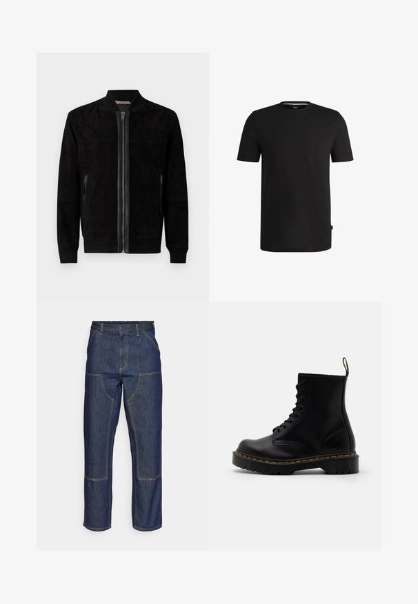 Černá nubuková bomber bunda s předním zipem, žebrovanými manžetami a lemem, bočními zipovými kapsami a límcem. Hladký povrch, minimalistický design.; Černé tričko s krátkým rukávem vyrobené z hladké bavlny s kulatým výstřihem. Obsahuje subtílní značkovou etiketu na levé straně blízko lemu.; Tmavě modré džíny s vysokým pasem, rovnými nohavicemi, kontrastním šitím a nášivkami na přední straně.; Černé kožené kotníkové boty s šněrováním vpředu, žlutým prošíváním, zaoblenou špičkou a silnou, textured gumovou podrážkou.