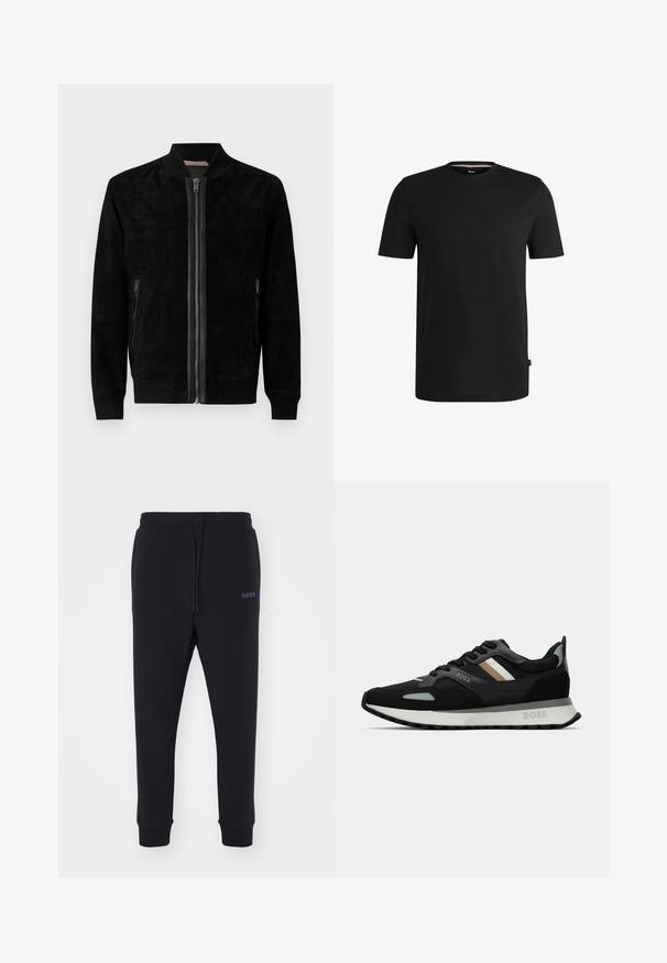 Jaqueta bomber preta de camurça com fecho frontal, punhos e barra canelados, bolsos laterais com fecho e uma gola. Textura suave, design minimalista.; T-shirt preto de manga curta feito de algodão suave com decote redondo. Apresenta uma etiqueta discreta da marca do lado esquerdo perto da bainha.; Calças de fato pretas feitas de material macio, com uma cintura elástica, cordão e pernas ajustadas. Apresenta um pequeno logotipo de lado.; Shoe de corrida preto com uma superfície texturizada, detalhes cinza claro e três riscas horizontais em castanho. Apresenta uma sola branca acolchoada.