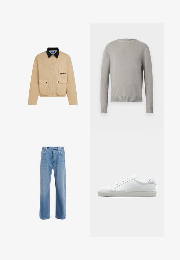 Beige jakke med svart kordfløyelskrage, inneholder en frontglidelås, to klafflommer og én glidelåslomme på brystet. Tekstlogo foran.; Lys grå strikket genser med rund hals, ribbestrikkede mansjetter og nederkant. Har et teksturert stoff i en ensfarget nyanse uten mønstre.; Lys blå denimjeans med rett ben-design, fem lommer, knappeåpning, minimal falming og kontrasterende sømdetaljer.; Hvit sneakers med en glatt skinnoverdel og lav profil. Har en rund tå, seks snøring hull, og en teksturert gummisåle.