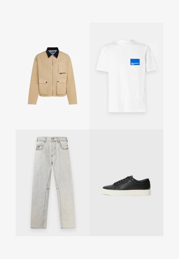 Bežs žakets ar melnu samta apkali, ar priekšējo rāvējslēdzēju, divām atloku kabatām un vienu kabatu ar rāvējslēdzēju krūšu daļā. Teksta logo priekšpusē.; Balta kokvilnas T-kreklu ar zilu taisnstūra logotipa uzlīmi uz kreisā krūšu ar tekstu "KARL LAGERFELD JEANS". Apaļa kakla dizains.; Gaismas zila taisna griezuma džinsa bikses ar kontrastējošu šuvju diegu, divām priekšējām kabatām un apģērba auduma nodiluma detaļām.; Melnas ādas sporta kurpes ar perforētu tekstūru, apaļu purngalu un plakanu baltu gumijas zoli. Ar melniem šņorējumiem un smalku logo sānos.