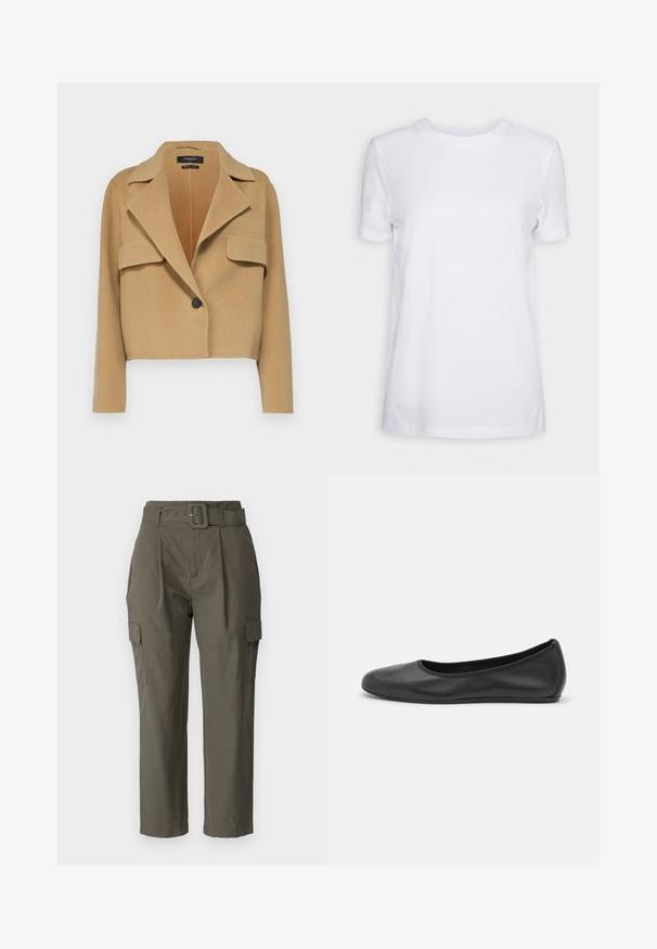 WEEKEND MaxMara KELLY - Vasaras jaka - beige; Balts īsām piedurknēm T-krekls, izgatavots no kokvilnas. Vainaga kakla dizains ar gludu tekstūru un bez redzamām rakstām vai akcentiem. Pamata stils.; Lietus bikses olīvzaļā krāsā, izgatavotas no viegla auduma. Iespējas ietver jostu vidukļa daļā, priekšējās krokas un sānu kabatas ar atloka aizdari.; Melna ādas baleta kurpe ar noapaļotu purngalu, gludu tekstūru, minimālu šuvju detalizāciju un elastīgu zoles dizainu.