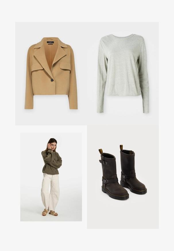 WEEKEND MaxMara KELLY - Nyári dzseki - beige; Világosszürke, hosszú ujjú ing, puha anyagból készült, kerek nyakkivágással és laza szabással. Oldalt varrási részletekkel.; Free People GOOD LUCK MID RISE BARREL - Laza szabású farmerek - beige; Sötétbarna bőr csizmák középig érő dizájnnal, sárga varrással, állítható csatpántokkal és húzófülekkel a tetején. Texturált felület.