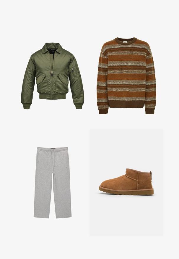 Jachetă bomber verde măsliniu, material nylon, închidere cu fermoar, manșete și tiv cu nervuri, două buzunare frontale și un buzunar cu clapă pe mână.; Solid SDMAXWELL - Pulover - slate black; Pantaloni de lounge gri din bumbac, cu un brâu elastic, șnur și două buzunare laterale; design cu picior drept, textură moale, fără modele.; Botină antrenașă din suede bej, cu vârf rotund, detalii subtile de cusătură și o talpă din cauciuc texturată. Înălțime scurtă fără șireturi.