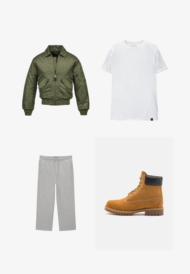Olivgrön bomberjacka, nylonmaterial, dragkedja, ribbade ärmslut och nederkant, två framfickor samt en lapplåda på ärmen.; Vit muskelpassande t-shirt tillverkad i bomull. Rund hals, korta ärmar, slät textur. Litet svart logotag vid fållen. Enkelt design.; Grå bomullsloungebyxor med elastisk midja, snörning och två sidfickor; rak bendesign, mjukt tyg, inga mönster.; Tan mockasins ankelstövlar med svart vadderad krage, guldmetallöglor, vit sömdekor och slitstöt gummisula med utmärkta mönster.