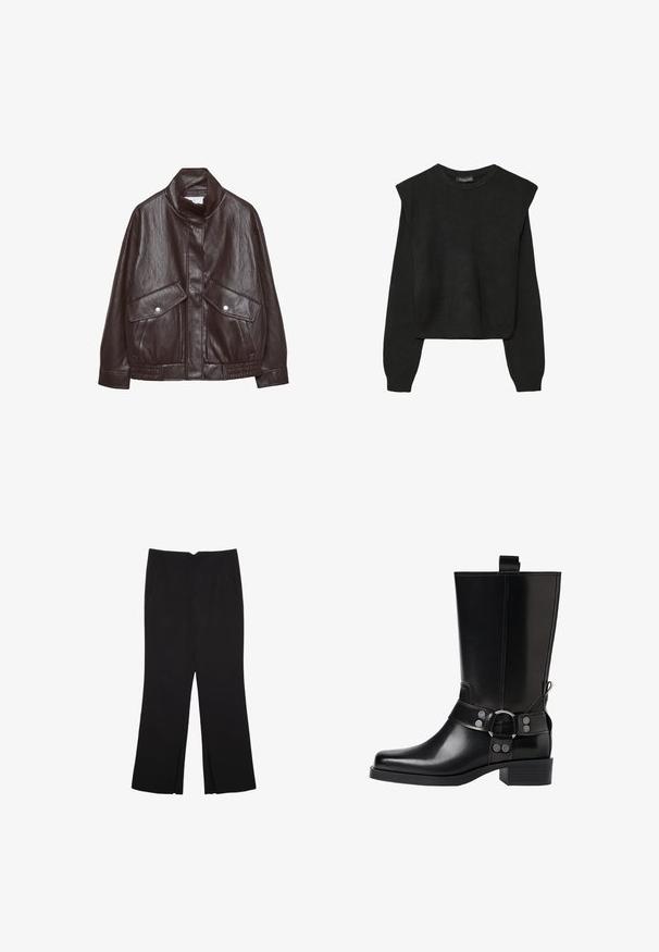 Hnedá kožená bunda s vysokým golierom, dvoma veľkými prednými vreckami, pričom má cvokové detaily a elastický pás. Textúrovaný, matný povrch.; Čierny pletený sveter s dlhými rukávmi, vycpanými ramenami a rebrovanými nápletmi a spodným okrajom, zobrazený na bielom pozadí.; Čierne nohavice so strihom rovného strihu, s prednými vreckami a bočnými rozparkami na leme. Vyrobené z mäkkej, hladkej tkaniny. Vhodné na rôzne príležitosti.; Čierne kožené čižmy po kolená s špicatou špičkou, striebornými prackami a robustným podpätkom. Obsahujú pútko pre jednoduché obúvanie.