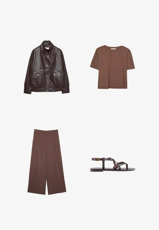 Giacca di pelle marrone con colletto alto, due grandi tasche frontali, elementi a bottone a pressione e vita elasticizzata. Finitura opaca e testurizzata.; Maglietta a maniche corte marrone realizzata in tessuto morbido, con scollatura rotonda e vestibilità rilassata. Nessun motivo o dettaglio visibile.; Pantaloni ampi marroni con una texture liscia, caratterizzati da una vita alta e pieghe frontali. Il tessuto è leggero e scorre liberamente.; Sandal in pelle marrone con cinturini incrociati, chiusura con cinturino alla caviglia e suola piatta con dettagli di cucitura minimi.