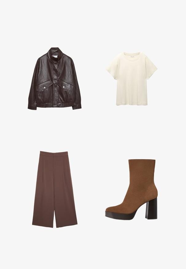 Giacca di pelle marrone con colletto alto, due grandi tasche frontali, elementi a bottone a pressione e vita elasticizzata. Finitura opaca e testurizzata.; Maglietta a maniche corte beige chiaro con scollatura rotonda, realizzata in un tessuto morbido e liscio. Presenta una vestibilità comoda e un orlo dritto.; Pantaloni ampi marroni con una texture liscia, caratterizzati da una vita alta e pieghe frontali. Il tessuto è leggero e scorre liberamente.; Stivale alla caviglia in suede marrone con punta arrotondata, tacco spesso a strisce nere e superficie liscia. Caratterizzato da un design aderente senza hardware visibile.