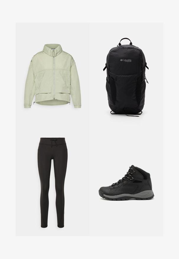Lys grønn, lett jakke med høy krage, frontlås, to sidelommer og justerbar kant. Jevn tekstur med en avslappet passform.; Svart Columbia t-skjorte med hvit sirkulær fjell- og elvlinjekunst og tekst "Columbia Sportswear Company Outside Since 1938."; Svarte leggings med høy midje, snøring, glatt tekstur og tettsittende design. Har søm detaljer langs sidene.; Sorte turstøvler med mid-topp design, som har en teksturert overdel, grå detaljer og slitesterk gummisåle med godt grep.; Svart Columbia Titanium ryggsekk med en glatt stoffoverflate, sidelommer, topphåndtak og justerbare stropper. Minimalistisk design med subtil merkevare.
