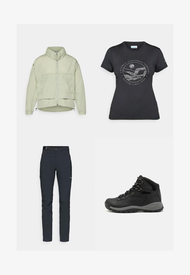 Hellgrüne, leichte Jacke mit hohem Kragen, Frontreißverschluss, zwei Seitentaschen und verstellbarem Saum. Glatte Textur mit lockerer Passform.; Schwarzes Columbia-T-Shirt mit weißer kreisförmiger Berg- und Fluss-Linienkunst und dem Text "Columbia Sportswear Company - Draußen seit 1938."; Herren Outdoor-Hosen, dunkelgrau, aus flexiblem Material, mit einem Gürtel, Reißverschlusstaschen und verstärkten Nähten.; Schwarzer Wanderstiefel mit einem mittelhohen Design, ausgestattet mit einer strukturierten Oberfläche, grauen Akzenten und einer robusten Gummisohle mit Profilstollen.