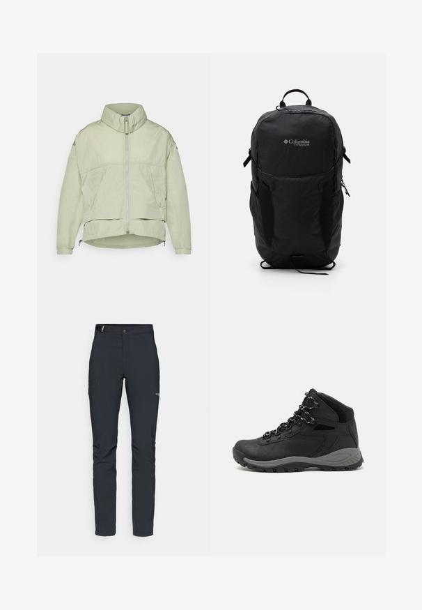 Hele roheline, kerge jakk kõrge kraega, esimesel tõmblukk, kahe külje taskuga ja reguleeritava alumise servaga. Sile tekstuur ja mugav lõige.; Musternine Columbia T-särk mustas värvuses, millel on valge ümmargune mägi ja jõe joonistus ning tekst "Columbia Sportswear Company Outside Since 1938."; Meeste välkpüksid, tumehallid, valmistatud paindlikest materjalidest, vöökohaga, tõmblukuga taskud ja tugevdatud õmblused.; Mustarjaline matkasaabas, millel on keskmine disain, tekstuuriga ülemine osa, hallid aktsendid ja vastupidav kummist põhi, millel on haardelugesid.; Mustan Columbia Titanium seljakott, millel on sile kangastekstuur, küljetaskud, ülemine käepide ja reguleeritavad rihmad. Minimalistlik disain koos peene brändinguga.