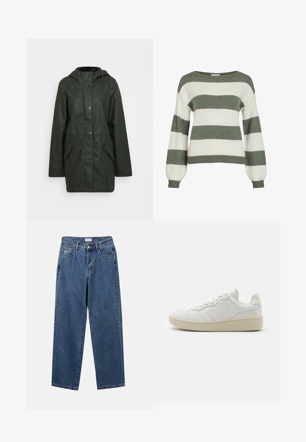 Voděodolná zelená parka s kapucí, s uzavíráním na patentky, dvěma předními kapsami a stahovacími prvky. Hladká textura.; Zeleno-bílý pruhovaný svetr s volným střihem, širokými rukávy a žebrovanými manžetami. Vyrobeno z měkkého, texturovaného pleteného materiálu.; Klasické modré džíny z denimu se střihy rovné nohy, pěti kapsami a zapínáním na knoflík. Mají střední odstín a odolnou texturu.; Bílé kožené tenisky s perforovanou špičkou, kontrastní béžovou gumovou podrážkou a logovými akcenty na boku a patě. Minimalistický design.