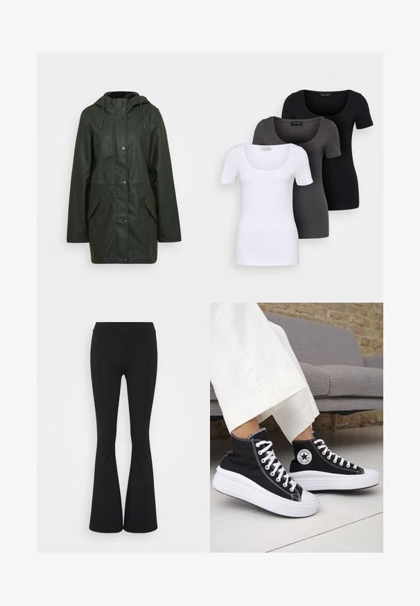 Waterdichte groene parka met capuchon, drukknoopsluiting, twee voorzakken en trekkoordaccenten. Glad van textuur.; Drie getailleerde T-shirts in het wit, grijs en zwart. Elk met een brede ronde hals en korte mouwen. Gemaakt van gladde, rekbare stof.; Zwarte uitlopende broek van rekbaar materiaal, met een hoge tailleband en een gladde textuur. De broek loopt uit vanaf de knie.; Zwarte hoge sneakers met witte rubberen zolen en veters. Voorzien van een ronde logo patch en contrasterende witte stiksels. Gemaakt van canvas.