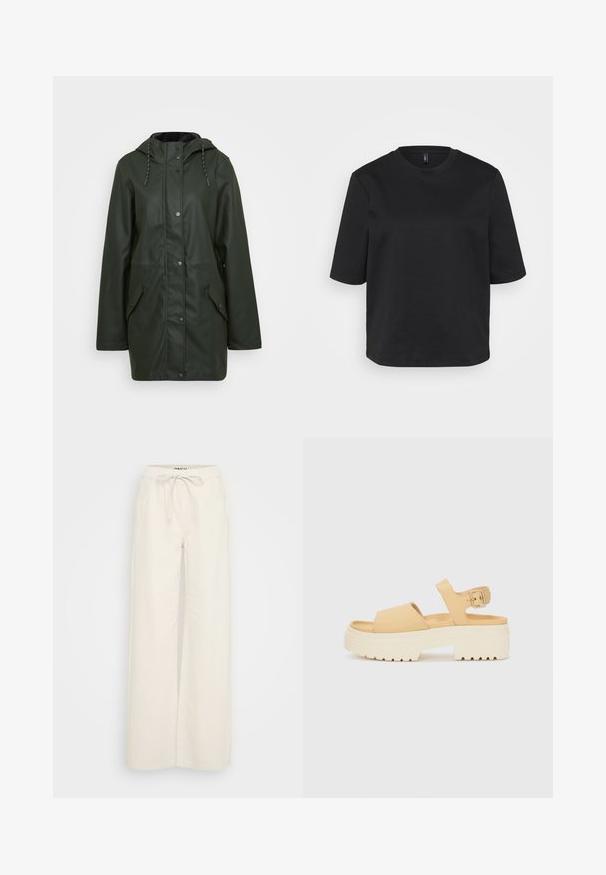 Vodotesný zelený parka kabát s kapucňou, zapínaním na cvoky, dvoma prednými vreckami a šnúrkovými detailmi. Hladká textura.; Čierny tričko s okrúhlym výstrihom vyrobené z bavlny, s krátkymi rukávmi a voľným strihom. Hladká textúra bez viditeľných vzorov alebo akcentov.; Biele široké nohavice vyrobené z bavlnenej tkaniny, so strečovým pásom a so šnúrkou na stiahnutie, ako aj bočnými vreckami. Hladká textúra, minimalisticý dizajn.; Žlté sandále z faux kože s hrubou bielou platformou. Obsahujú dva široké popruhy a nastaviteľný členkový popruh s kovovou prackou.