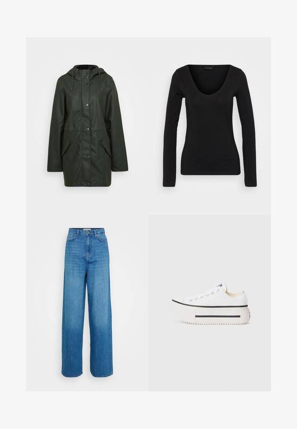 Vízálló zöld parka dzseki kapucnival, patentos záródással, két elülső zsebbel és húzózsinóros díszítéssel. Simára kidolgozott textúrával.; Fekete, hosszú ujjú felső, puha anyagból készült. V-alakú nyakkivágással és testhezálló siluettel rendelkezik, sima tapintású és minimális varrási részletekkel.; Kék, magas derekú, bő szárú farmernadrág elülső gombbal és cipzárral, elülső és hátsó zsebekkel, valamint varrott szegéllyel fehér háttér előtt.; Fehér vászon platform edzőcipők fekete gumitalppal, kerek orrbetéttel és fém szemgyűrűkkel, amelyek egyszerű, letisztult dizájnnal rendelkeznek.