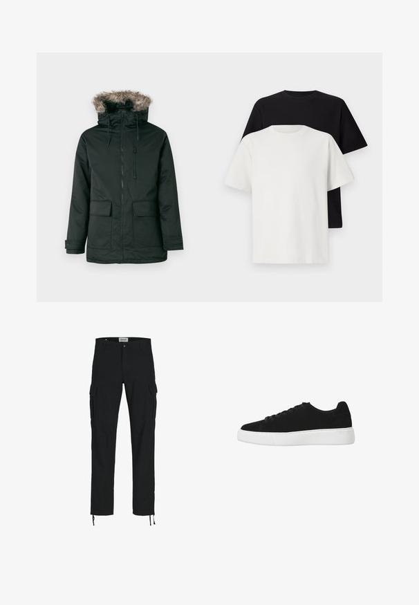 Mustaparkka takki, jossa on tekoturkista vuorattu huppu, etuvetoketju ja kaksi suurta etutaskua. Varustettu säädettävillä nyöreillä ja napitusmalleilla.; Setti puuvillapaitoja, joissa on musta ja valkoinen paita, molemmat lyhythihaisilla, pyöreällä kaula-aukolla ja normaalilla istuvuudella. Teksturoitu kangas.; Mustat cargo-housut suoran leikkauksen, joissa on sivutaskut, napillinen suljenta ja joustavat nyörit nilkoissa. Valmistettu kestävästä kankaasta.; Musta mokkanahkainen lenkkitossu pyöreällä varpaan osalla, nauhoilla kiristettävä etuosa ja valkoinen kumipohja. Yksinkertainen muotoilu, jossa on vähän yksityiskohtia ja sileä pinta.