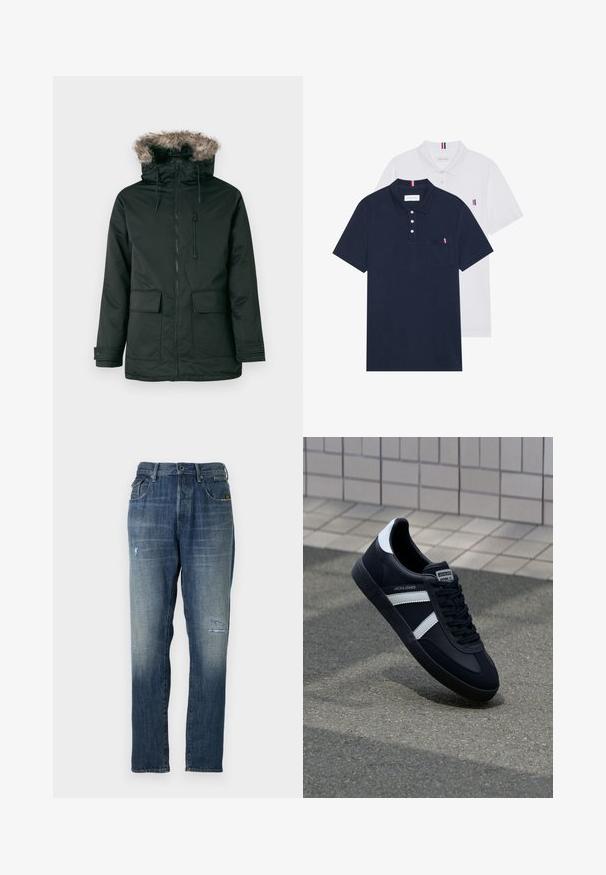 Zwarte parka jas met een capuchon gevoerd met nepbont, een rits aan de voorkant en twee grote voorzakken. Voorzien van verstelbare trekkoorden en drukknoopmanchetten.; Twee polo shirts: één marineblauw en één wit, beide met een kleine rood, wit en blauwe accent op de borstzak en kraag.; Denim jeans in een vervaagde blauwe kleur, met een recht model, gematigde beschadigingen aan de voorkant en een klassieke vijf-pocket stijl.; Zwarte leren sneaker met witte strepen, een gestructureerde rubberen zool en vetersluiting aan de voorkant. Voorzien van een merklabel op de tong.