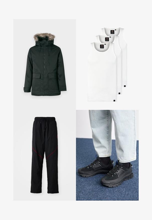 Black parka jacket with a faux fur-lined hood, front zipper, and two large front pockets. Features adjustable drawstrings and snap cuffs.; Three white ribbed tank tops made of cotton. Features a crew neck and small black labels near the hem. Available in multiple sizes.; Black athletic pants with a textured finish, featuring a drawstring waist, red accent lines, and a loose fit.; Black athletic shoes with textured fabric and rubber soles, featuring elastic laces and a blue accent on the heel. Worn with light denim pants.