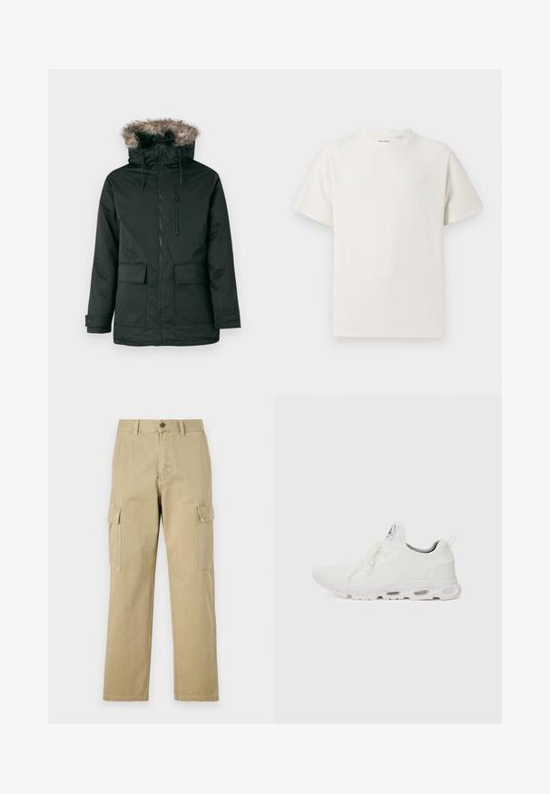 Čierna parka s kapucňou podšitou umelým kožuchom, predným zipsom a dvoma veľkými prednými vreckami. Obsahuje nastaviteľné šnúrky a zapínanie na cvoky.; Biela krátka tričko s krátkym rukávom so žebrovanou textúrou. Okrúhly výstrih, uvoľnený strih, žiadne viditeľné vzory ani akcenty. Jednoduchý a všestranný dizajn.; Bežové cargo nohavice vyrobené z bavlny, s dvoma bočnými vreckami, zapínaním na gombík a rovným strihom s mierne textúrovanou tkaninou.; Biele športové topánky so štruktúrovaným pleteným zvrškom, plochými šnúrkami a odpruženou podrážkou s viditeľnými vzduchovými komorami pre dodatočnú podporu.