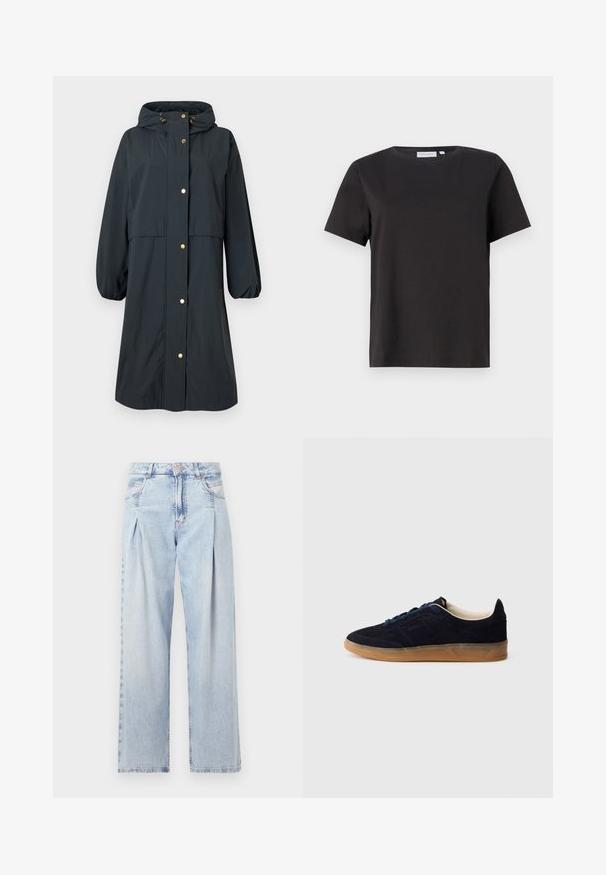 Vízálló sötétkék esőkabát, kapucnival, rugalmas mandzsettával, arany gombos záródással és lazán illeszkedő, középhosszú dizájnnal.; Fekete pamut póló rövid ujjakkal, kerek nyakkivágással és egyszerű, letisztult dizájnnal. Nincsenek látható minták vagy díszítések.; Világoskék farmernadrág magas derekú, bő szabású, két oldalsó zsebbel és pliszírozott dizájnnal. Puha tapintású, elhalványított felület.; Tengerészkék színű nubuk bőr sportcipő barna gumitalppal, kék fűzőkkel és minimalista dizájnnal. Az oldalán dombornyomott logóval és sima belső béléssel.