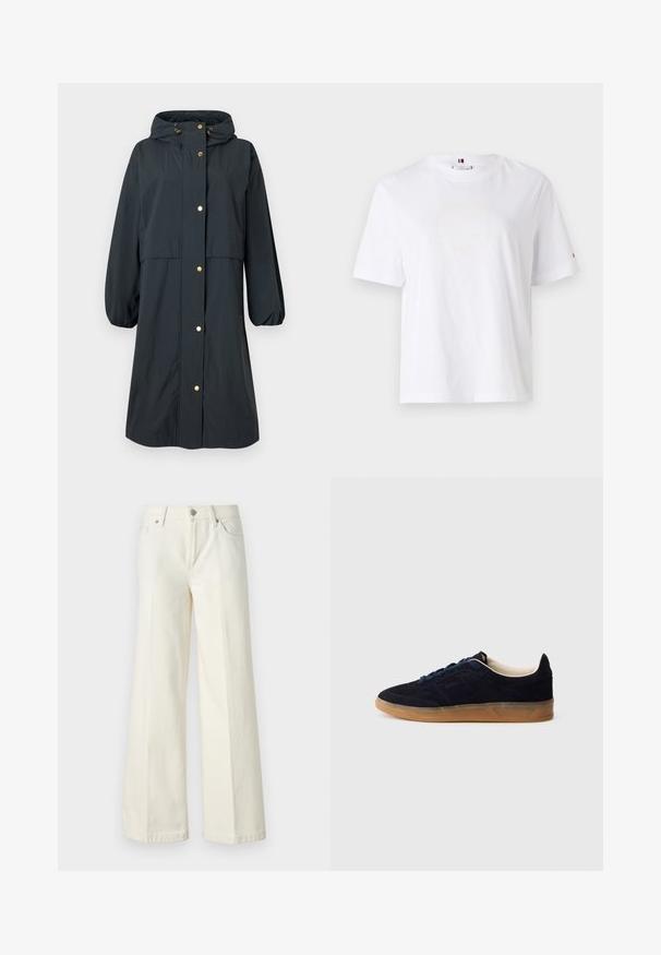 Water-resistant dark blue raincoat featuring a hood, elastic cuffs, gold button closures, and a relaxed fit with a mid-length design.; White cotton T-shirt with a crew neck, short sleeves, and subtle yellow logo design reading "HILFIGER NEW YORK 1985." Standard fit.; Wide-leg white jeans made from cotton blend fabric. Features a zipper fly, five-pocket design, and stitching along the seams.; Navy suede sneaker with a gum rubber sole, blue laces, and minimalist design. Features embossed logo on the side and smooth inner lining.