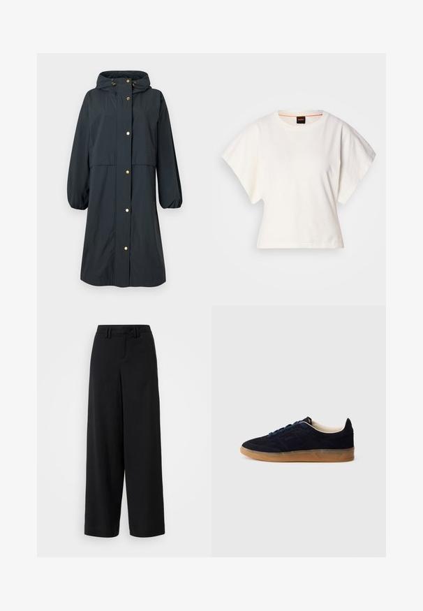 Water-resistant dark blue raincoat featuring a hood, elastic cuffs, gold button closures, and a relaxed fit with a mid-length design.; White cropped T-shirt, short wide sleeves, soft cotton material, round neckline with subtle orange trim, minimal design, no patterns or graphics.; Black wide-leg trousers made of smooth fabric, featuring a flat-front design, pleated details, and belt loops at the waistband.; Navy suede sneaker with a gum rubber sole, blue laces, and minimalist design. Features embossed logo on the side and smooth inner lining.