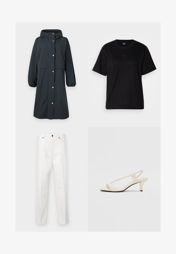 Water-resistant dark blue raincoat featuring a hood, elastic cuffs, gold button closures, and a relaxed fit with a mid-length design.; Black cotton t-shirt with a crew neckline, short sleeves, and an embroidered logo on the chest. Simple, relaxed fit with no patterns.; White denim pants featuring a straight cut, button closure, and two front pockets. No visible patterns or embellishments. Smooth texture.; Beige block-heeled sandals with thin straps and a square toe. Smooth material with minimal detailing, designed for easy wear.