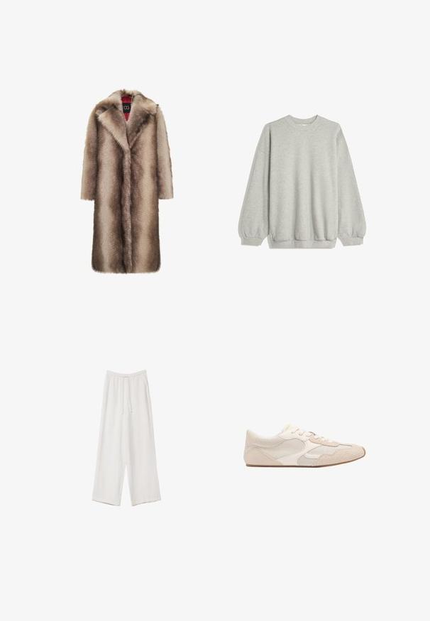 Cesare Gaspari Vinterkappa /-rock - brown; Grå sweatshirt av mjukt tyg, med rundad halsringning, långa ärmar med elastiska muddar och en avslappnad passform. Ingen mönster eller detaljer.; Vita vida byxor i vid passform gjorda av ett lättviktsmaterial. Har en elastisk midja med dragsko och sidofickor. Slät textur.; Beige träningsskor med en blandning av nät och mockamaterial, rundad tå och snörning. Texturerade detaljer på ovandelen förbättrar greppet.