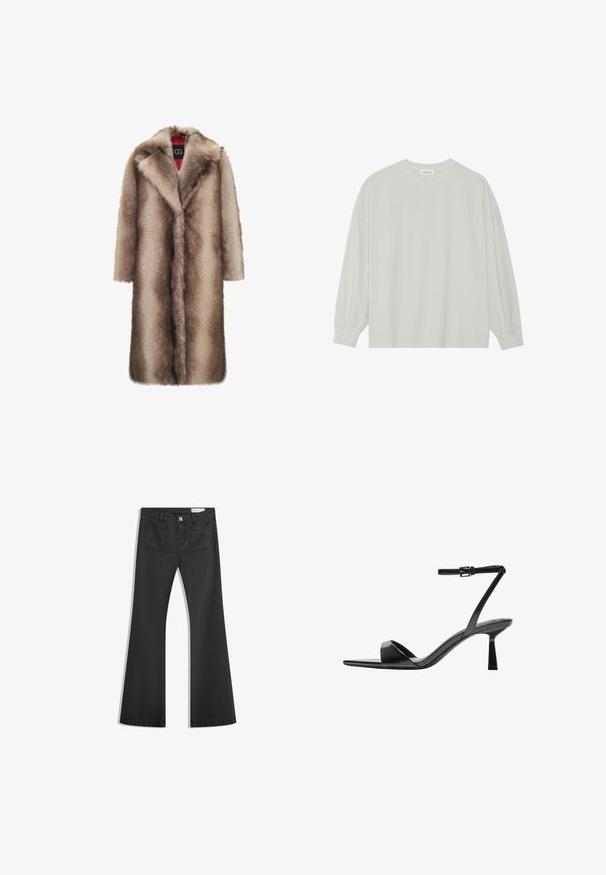 Cesare Gaspari Téli kabát - brown; Világosszürke, hosszú ujjú póló, puha pamutból készült. Szabad, laza szabású, kerek nyakkivágással és finoman ráncolt mandzsettával rendelkezik. Nincs rajta minta vagy grafikák.; Fekete, sima textúrájú farmer flare nadrág, két hátsó zsebbel és gombos derékkal.; Bershka Magas sarkú szandálok - black