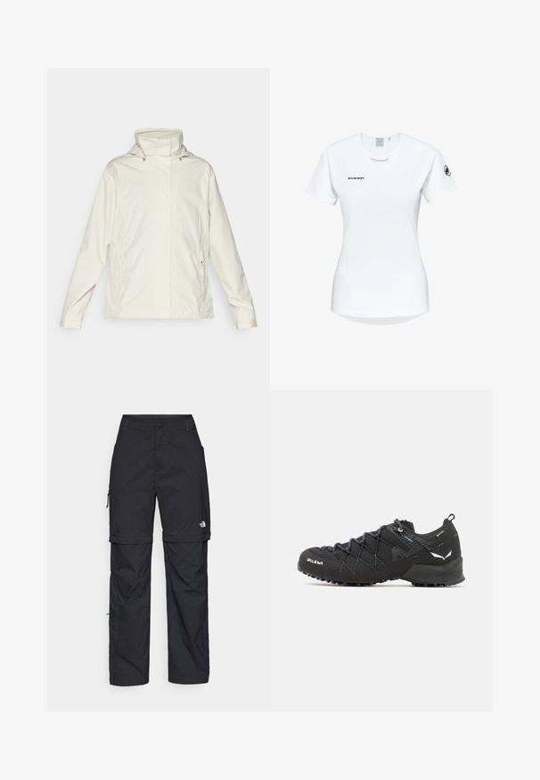 Helle beige, wasserdichte Jacke mit hohem Kragen, seitlichen Reißverschlusstaschen und subtiler Markenlogos auf der Brust. Glatte Textur, lässiges Design.; Kurzärmliges weißes Sportshirt mit Rundhalsausschnitt, das ein Logo auf der Brust und eine glatte, leichte Stofftextur aufweist.; Schwarze Nylon-Zip-Off-Cargohosen mit verstellbaren Bündchen, mehreren Taschen und einem Logo am rechten Bein. Glatte, leichte Textur.; Schwarze Wanderschuhe mit einem strukturierten Obermaterial aus Stoff, Schnürsystem und robuster Gummisohle. Akzentuiert mit reflektierenden Details und Logos.