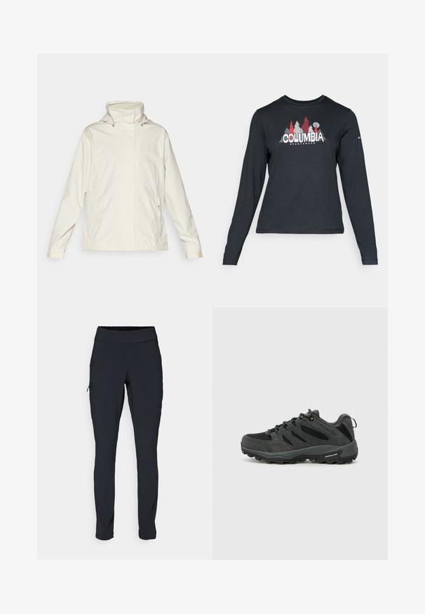 Světlobéžová nepromokavá bunda s vysokým límcem, bočními kapsami na zip a jemným logem značky na hrudi. Hladká textura, ležérní design.; Tmavě šedá dlouhá košile s grafikou červených stromů a hor; logo "COLUMBIA" v tučném bílém písmu. Měkká tkanina, standardní kulatý výstřih.; Černé sportovní kalhoty s úzkým střihem, elastickým pasem a boční kapsou na zip. Hladká, elastická tkanina s minimem švů.; Columbia REDMOND - Trekingové boty - black/citron haze