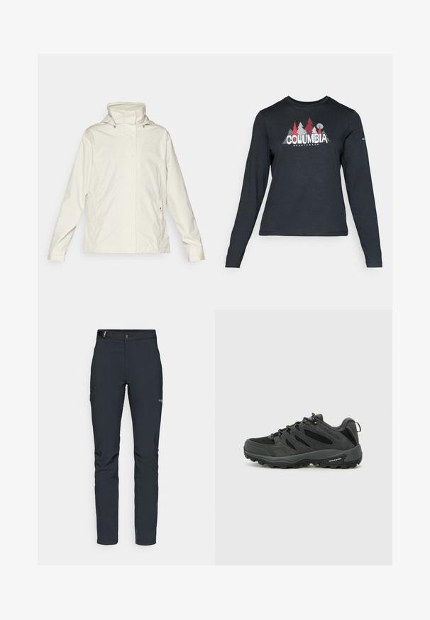 Helebeige veekindel jakk kõrge kraega, lukuga küljetaskute ja diskreetse brändilogoga rinnal. Sujuv tekstuur, vabaja disain.; Pikend varrukatega tumehall särk, millel on punaste puude ja mägede graafika; "COLUMBIA" logo julge valge tekstiga. Pehme kangas, tavaline ümmargune kaelus.; Meeste välkpüksid, tumehallid, valmistatud paindlikest materjalidest, vöökohaga, tõmblukuga taskud ja tugevdatud õmblused.; Columbia REDMOND - Matkajalatsid - black/citron haze