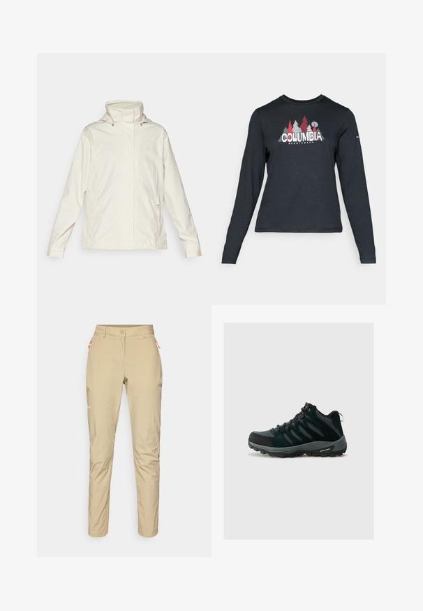 Light beige waterproof jacket with a high collar, zippered side pockets, and subtle brand logo on the chest. Smooth texture, casual design.; Long-sleeve dark gray shirt with a graphic of red trees and mountains; "COLUMBIA" logo in bold white text. Soft fabric, standard crew neck.; Beige outdoor pants with a smooth texture, featuring an orange zip pocket, slim fit design, and a small white logo on the front.; Columbia REDMOND - Hiking shoes - black/citron haze
